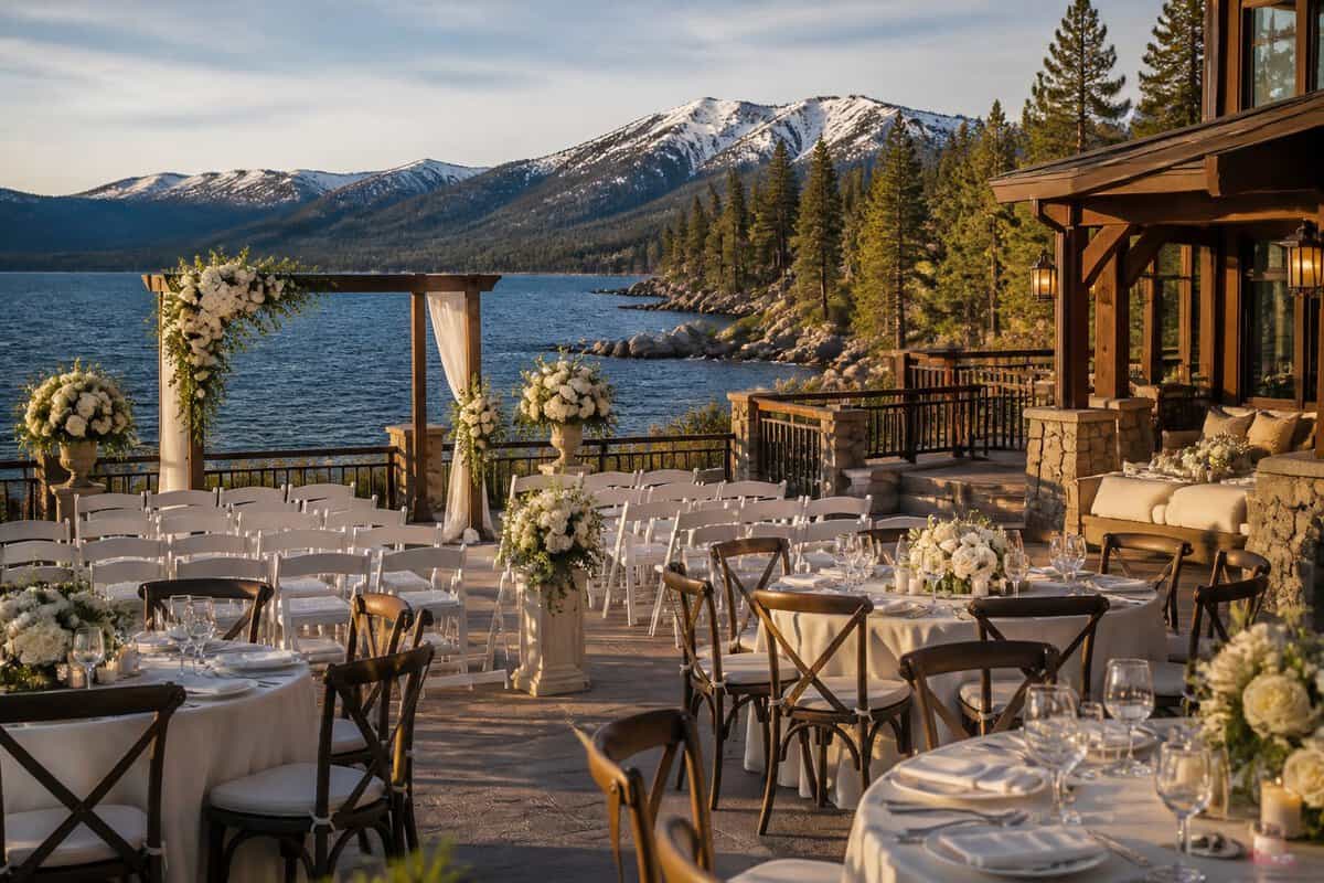 An elegant lakeside wedding venue with a decorated ceremony area, reception tables, and mountain views over Lake Tahoe.