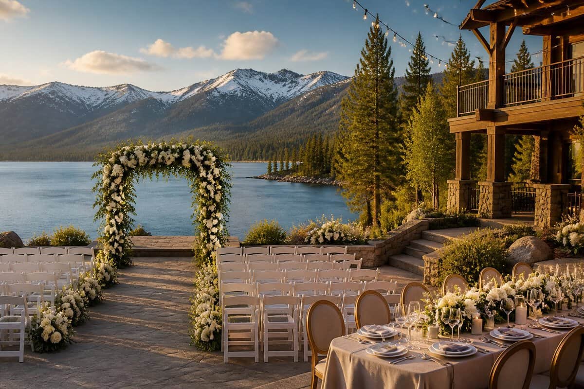 An elegant lakeside wedding venue with a floral ceremony arch, arranged chairs, reception tables, and mountain scenery.