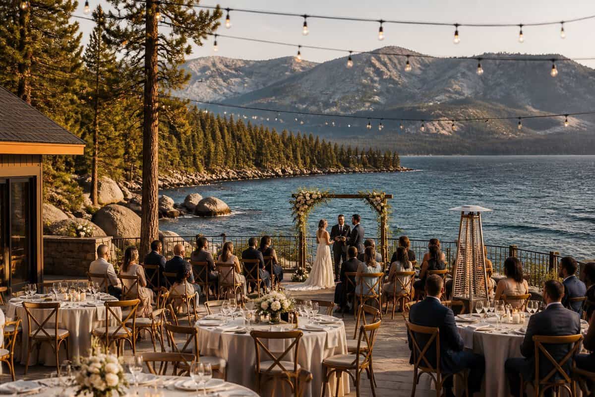 An elegant lakeside wedding venue with decorated tables, mountain scenery, and guests near Lake Tahoe.