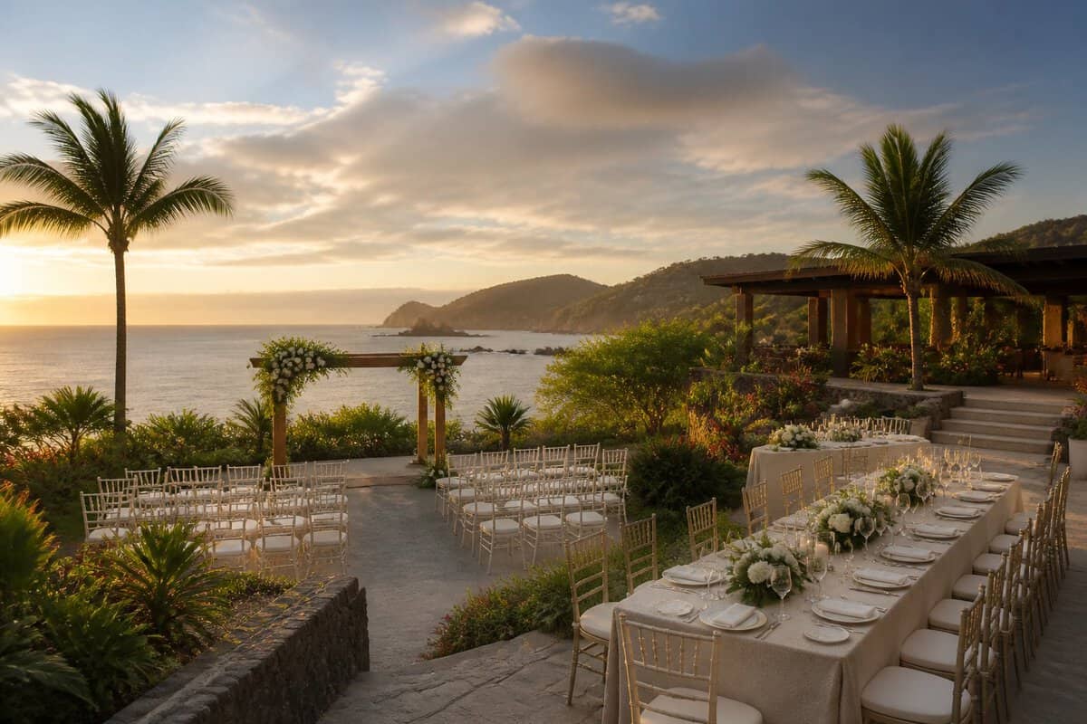 Elegant tropical wedding venue at a Costa Rican seaside resort with a flower-covered ceremony arch, white chairs, and a decorated reception area.