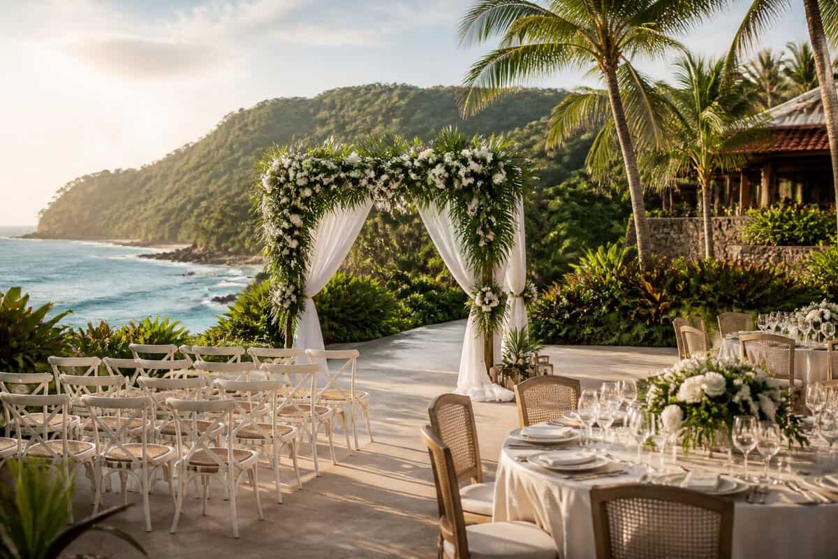 An elegant outdoor wedding venue surrounded by tropical greenery, with a distant rainforest hillside and ocean view.