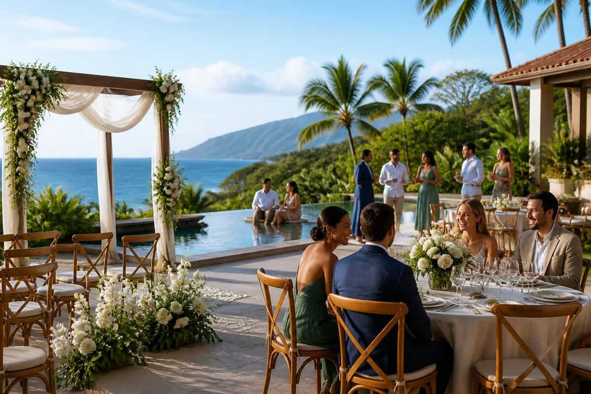 A tropical Costa Rican resort wedding venue with an outdoor ceremony area, elegant reception table, and guests enjoying the lush surroundings.