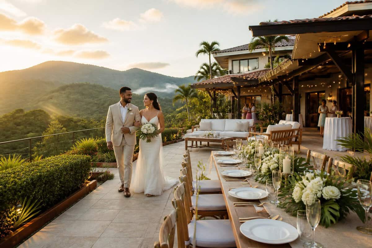 A couple explores a secluded tropical estate prepared for an intimate wedding reception, surrounded by rainforest and mountain views.