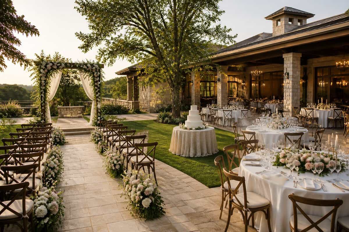 Elegant outdoor wedding venue with a floral ceremony arbor, decorated reception tables, and landscaped grounds.