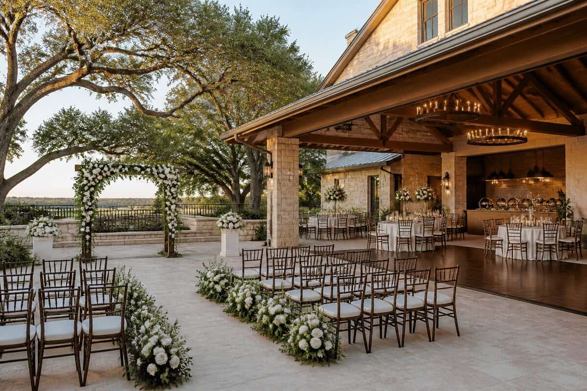 An elegant outdoor wedding ceremony and reception setup at a refined Texas venue.