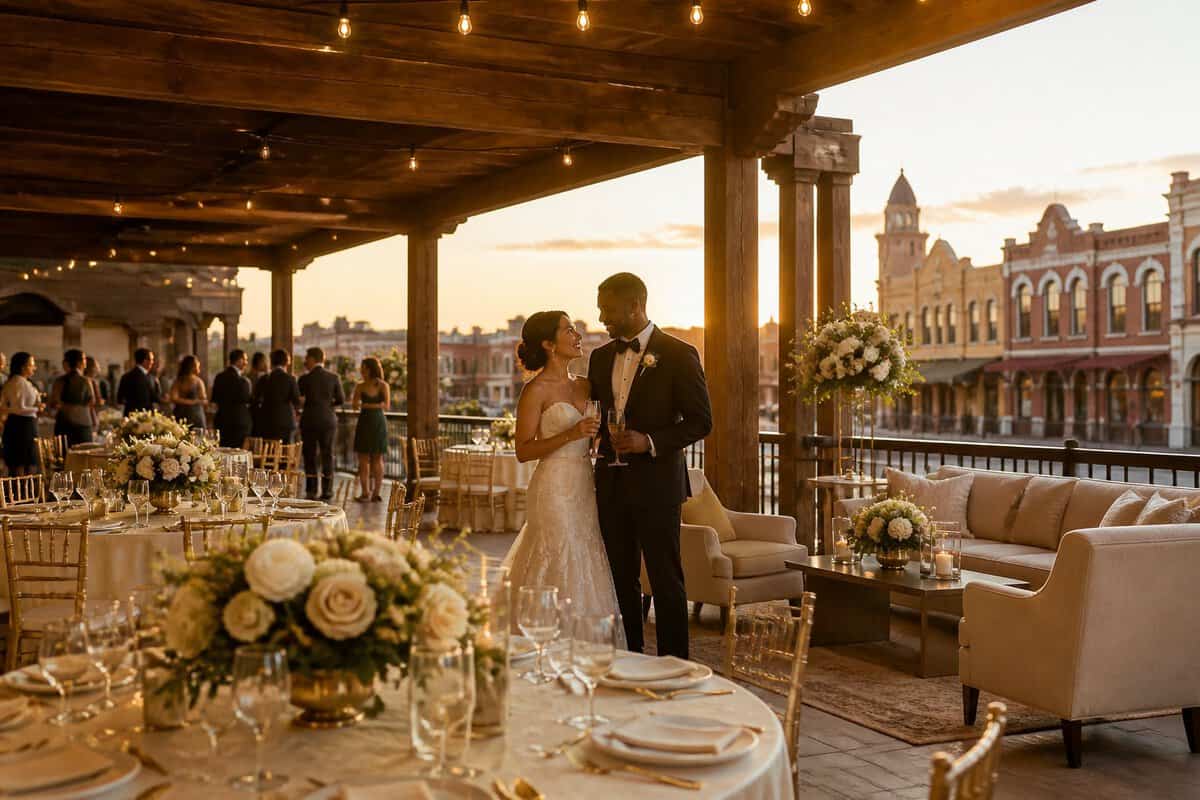An elegant wedding reception at a Fort Worth hotel and stockyards-inspired venue with decorated tables, warm lights, and a newlywed couple.