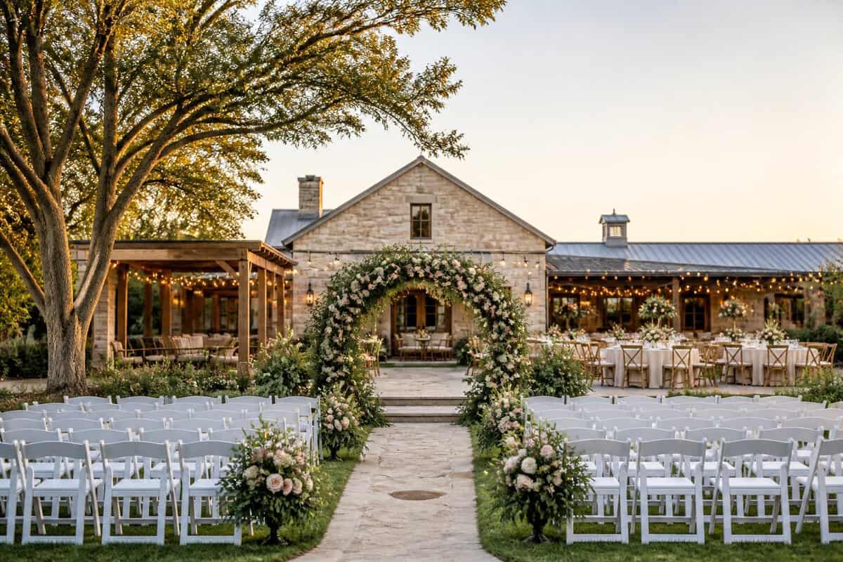 An elegant outdoor wedding ceremony setup at a landscaped Fort Worth venue with a floral arch, white chairs, and a refined reception space.