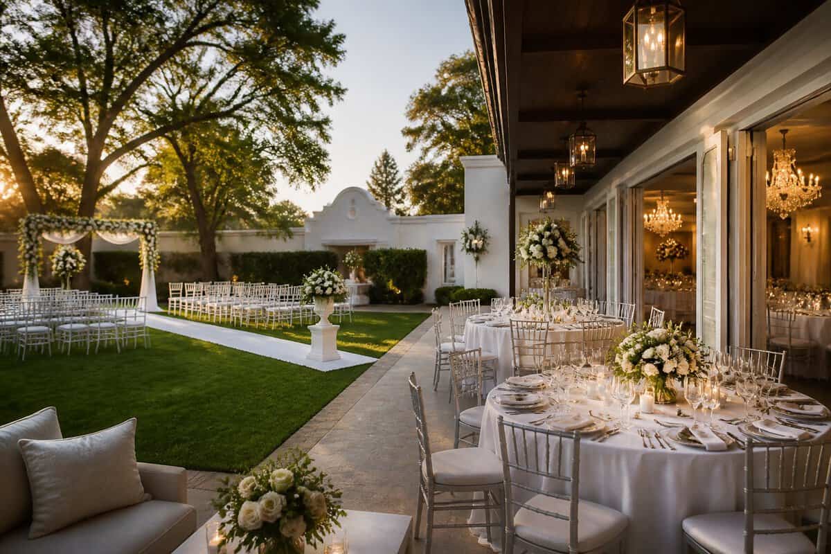 An elegant Johannesburg wedding venue with a garden ceremony area, decorated reception tables, greenery, and warm evening light.