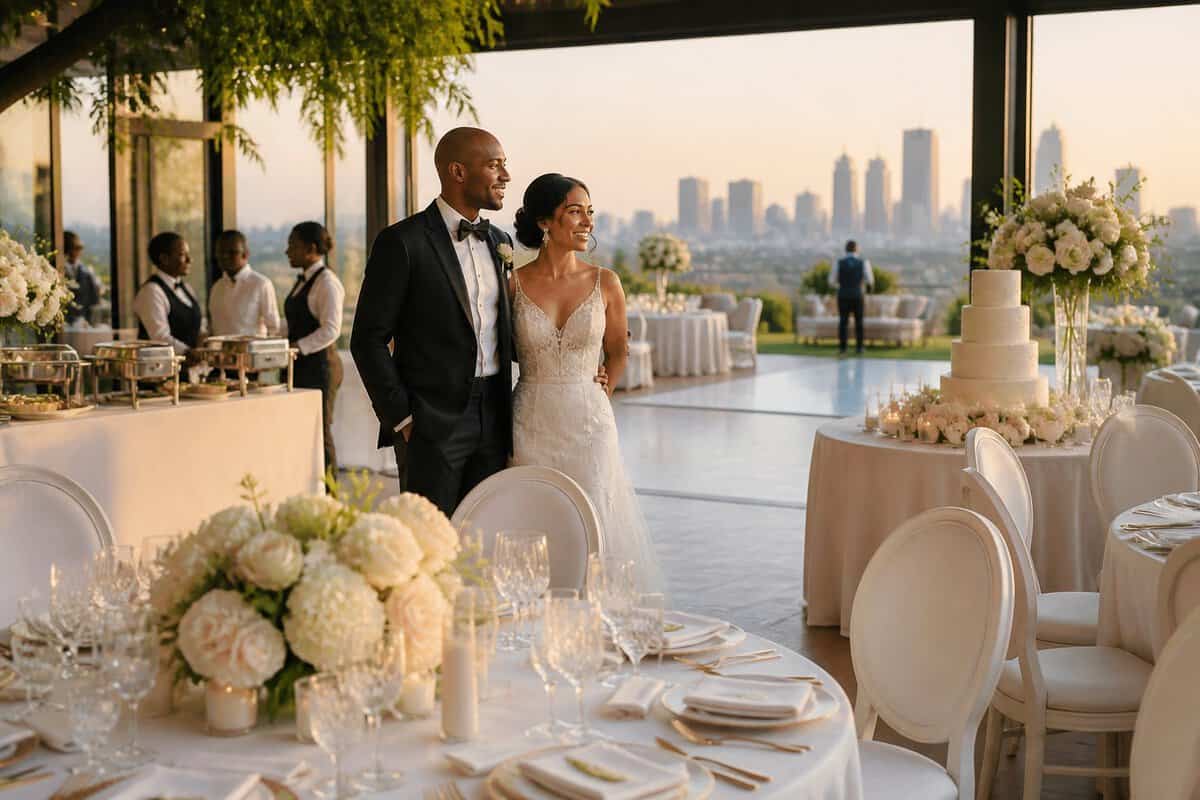 A newlywed couple admire an elegantly prepared reception at a Johannesburg wedding venue.
