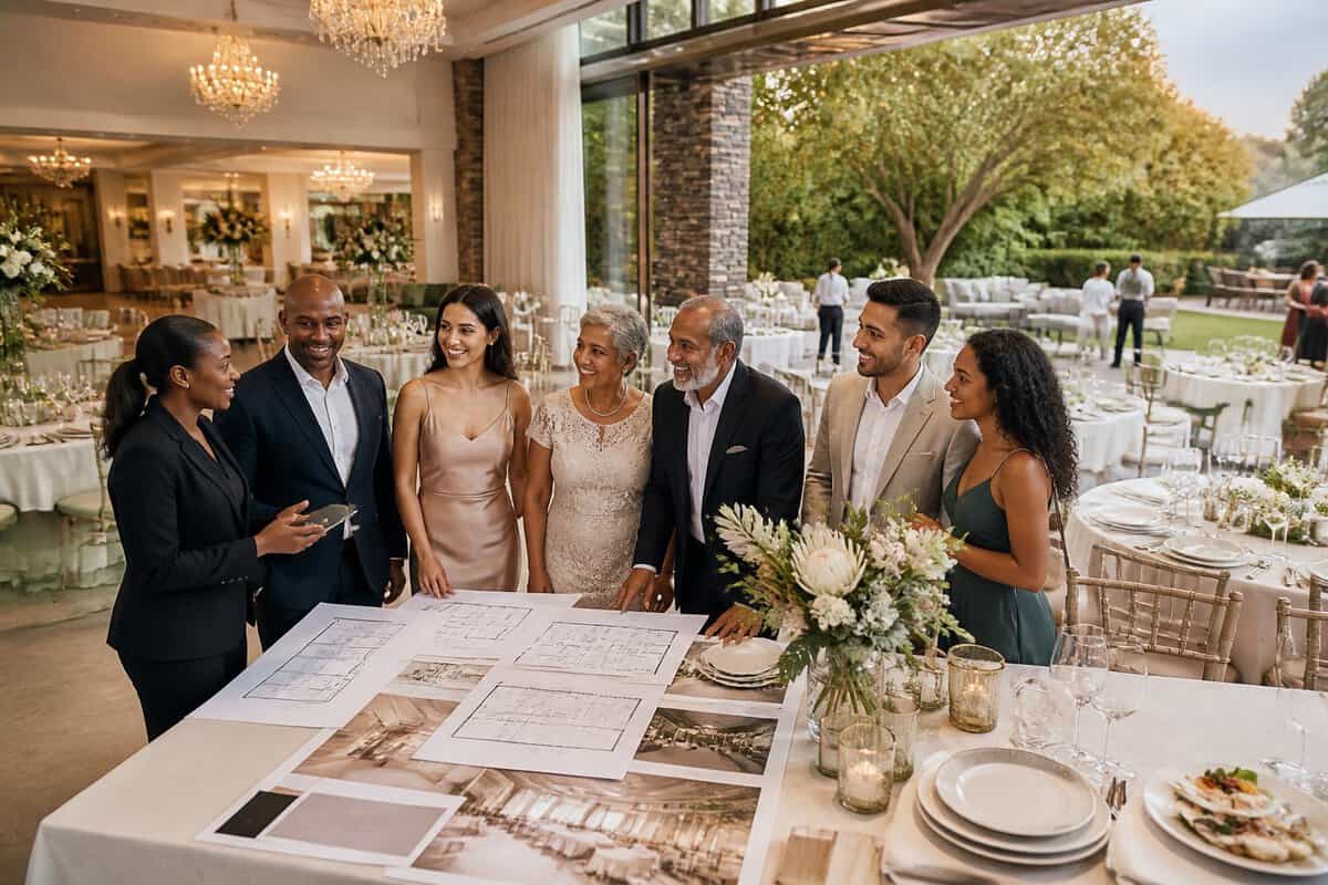 A diverse group reviews wedding venue options with a coordinator in an elegant Johannesburg reception venue.