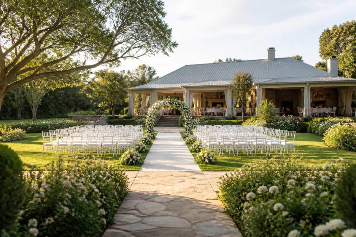 Elegant garden wedding ceremony space with white chairs, a floral arch, and landscaped grounds.