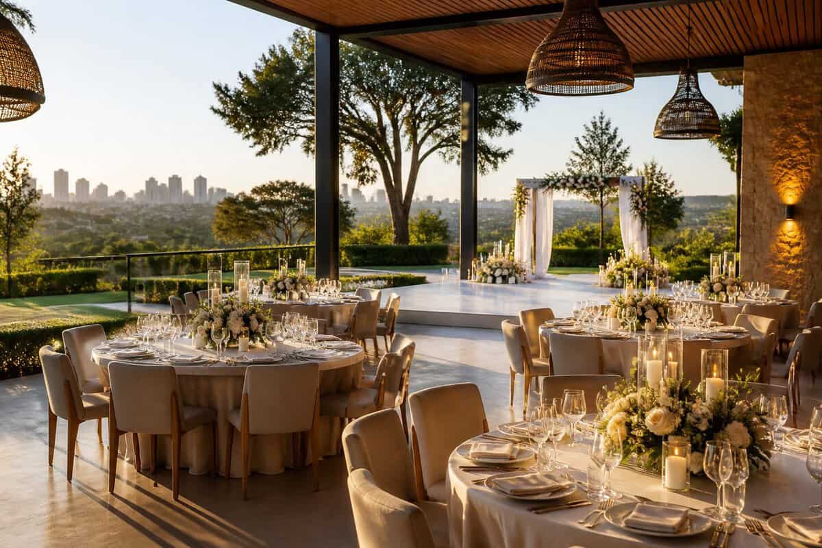 Elegant wedding reception set in a landscaped Johannesburg venue with decorated tables and a covered outdoor pavilion.