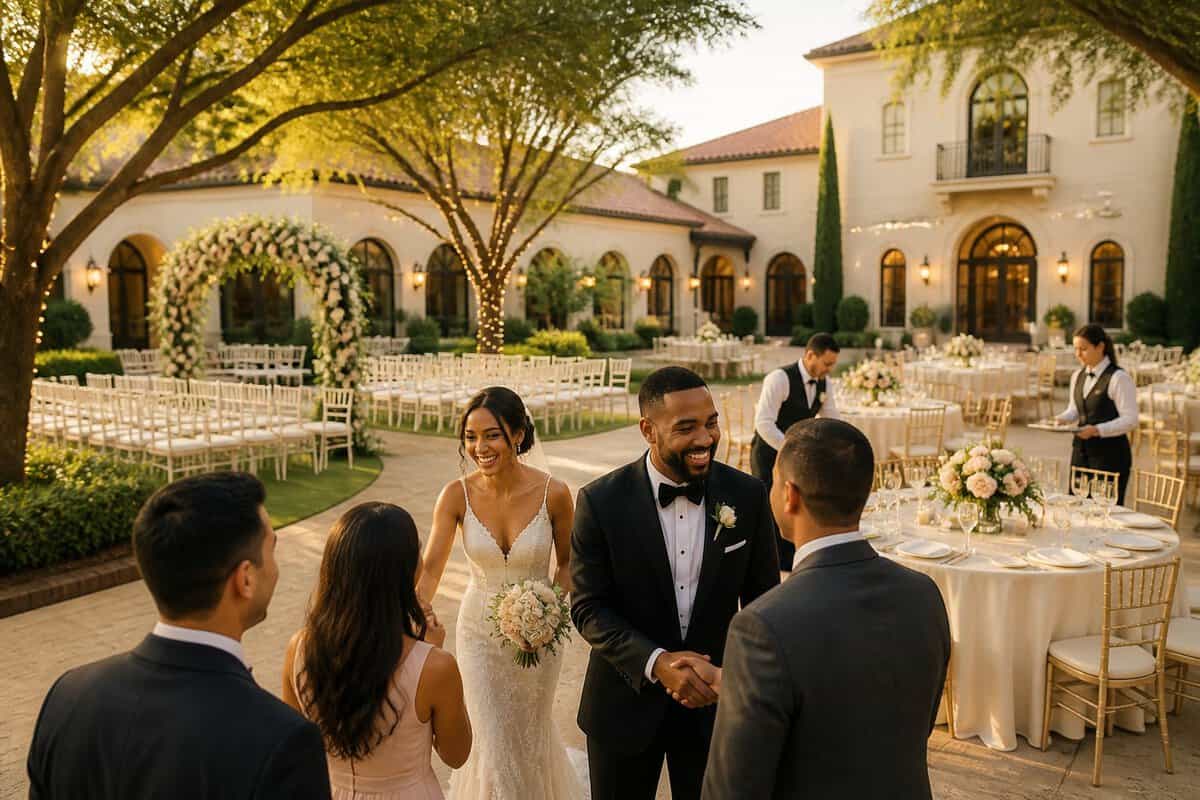 A couple celebrates with guests at an elegant outdoor wedding venue with decorated tables and a floral ceremony arch.