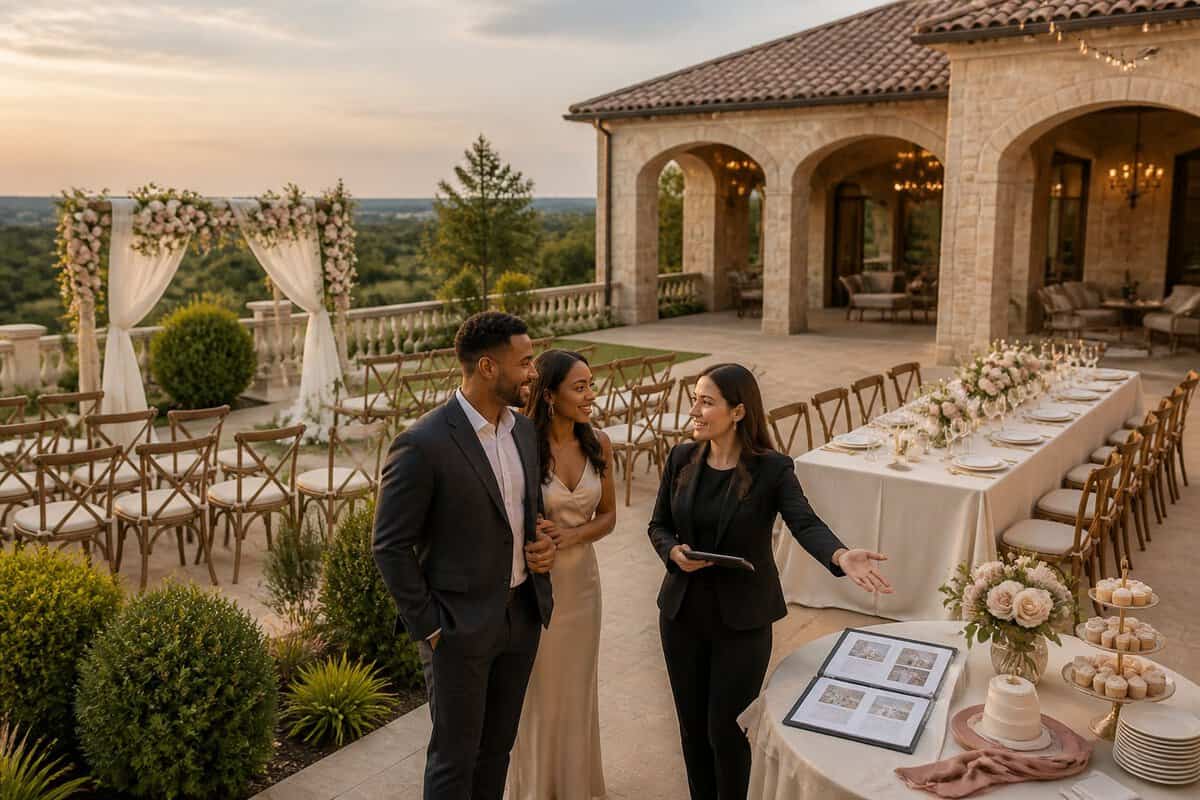 A couple and wedding coordinator compare an elegant ceremony and reception setup at a landscaped wedding venue.
