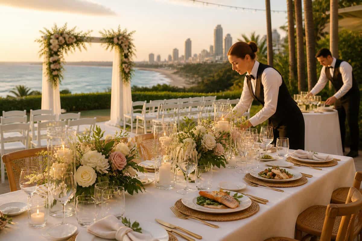 Elegant outdoor wedding reception overlooking a tropical Gold Coast coastline, with decorated tables, floral arrangements, plated meals, and staff preparing the venue.