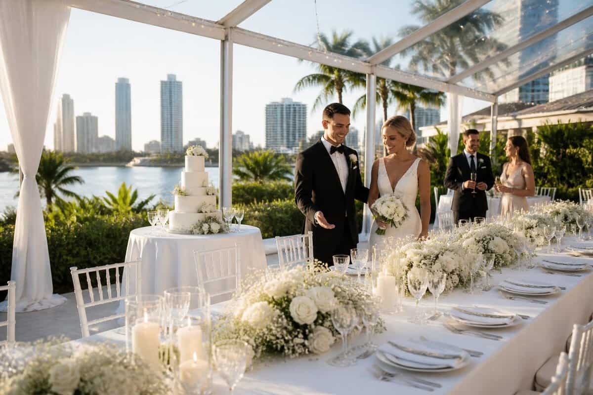 An elegant outdoor wedding reception with decorated tables, floral arrangements, and guests at a coastal venue.