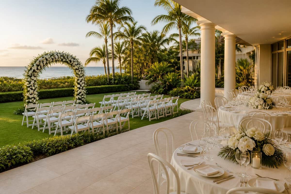 Elegant wedding ceremony and reception setup at a tropical coastal venue.