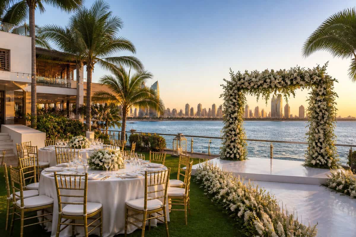 Elegant waterfront wedding venue at a Gold Coast resort with tropical landscaping, floral decor, and tables overlooking the water.