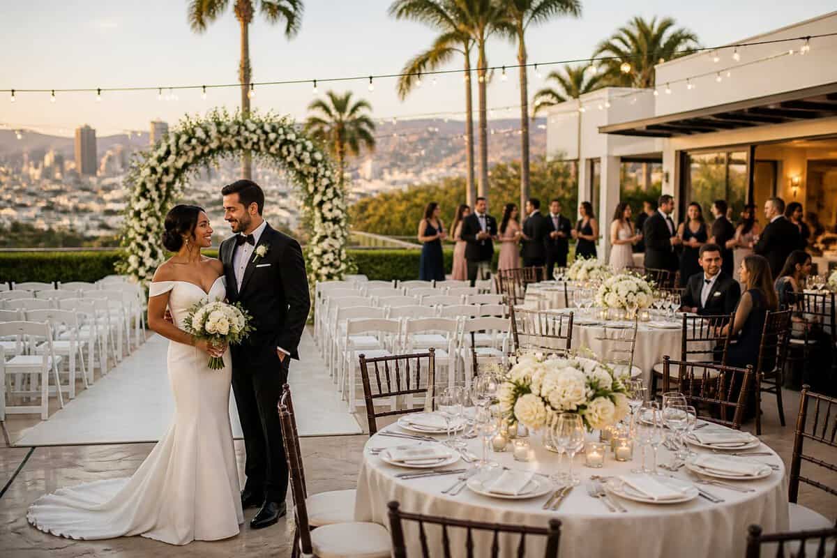 A newlywed couple at an elegant outdoor wedding venue with floral decorations, reception tables, palm trees, and Los Angeles scenery.
