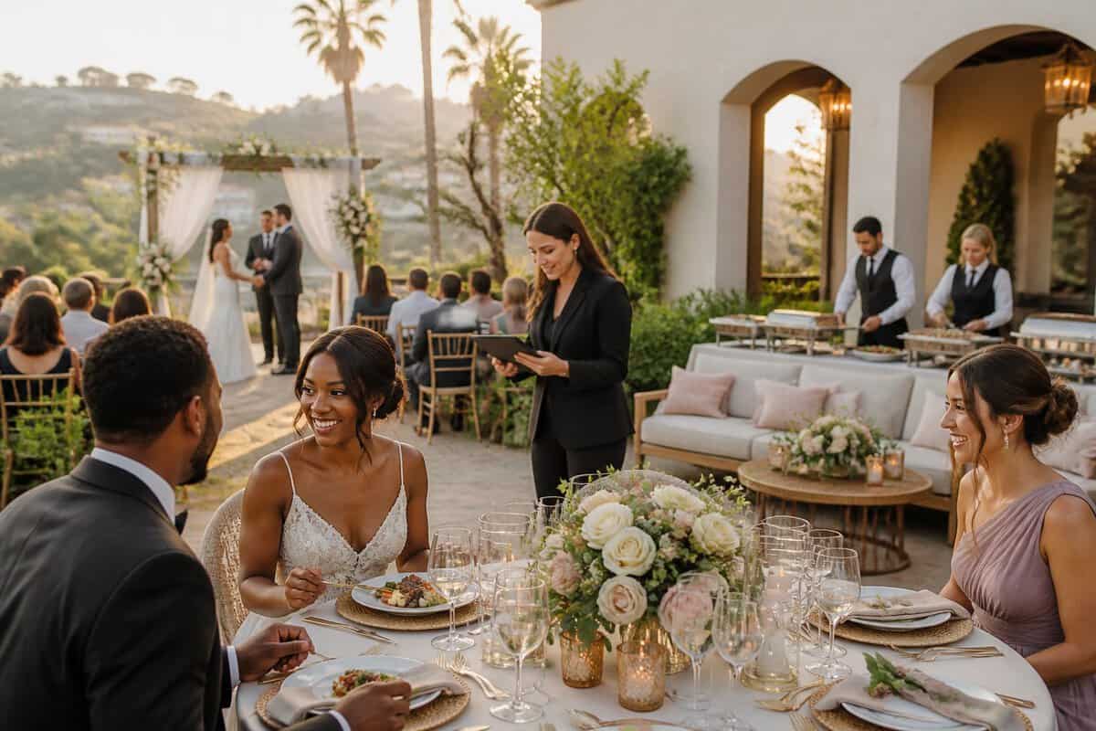 A couple and guests enjoy an elegant wedding reception at a Los Angeles venue with catered food, floral centerpieces, and coordinated event services.