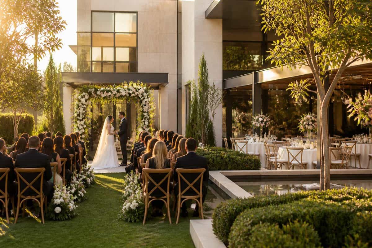 Elegant outdoor wedding ceremony and reception at a landscaped venue.