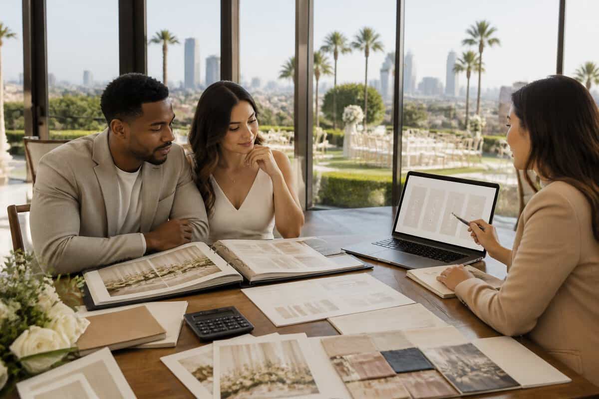A couple compares wedding venue packages with a planner at a table overlooking a Los Angeles wedding venue.