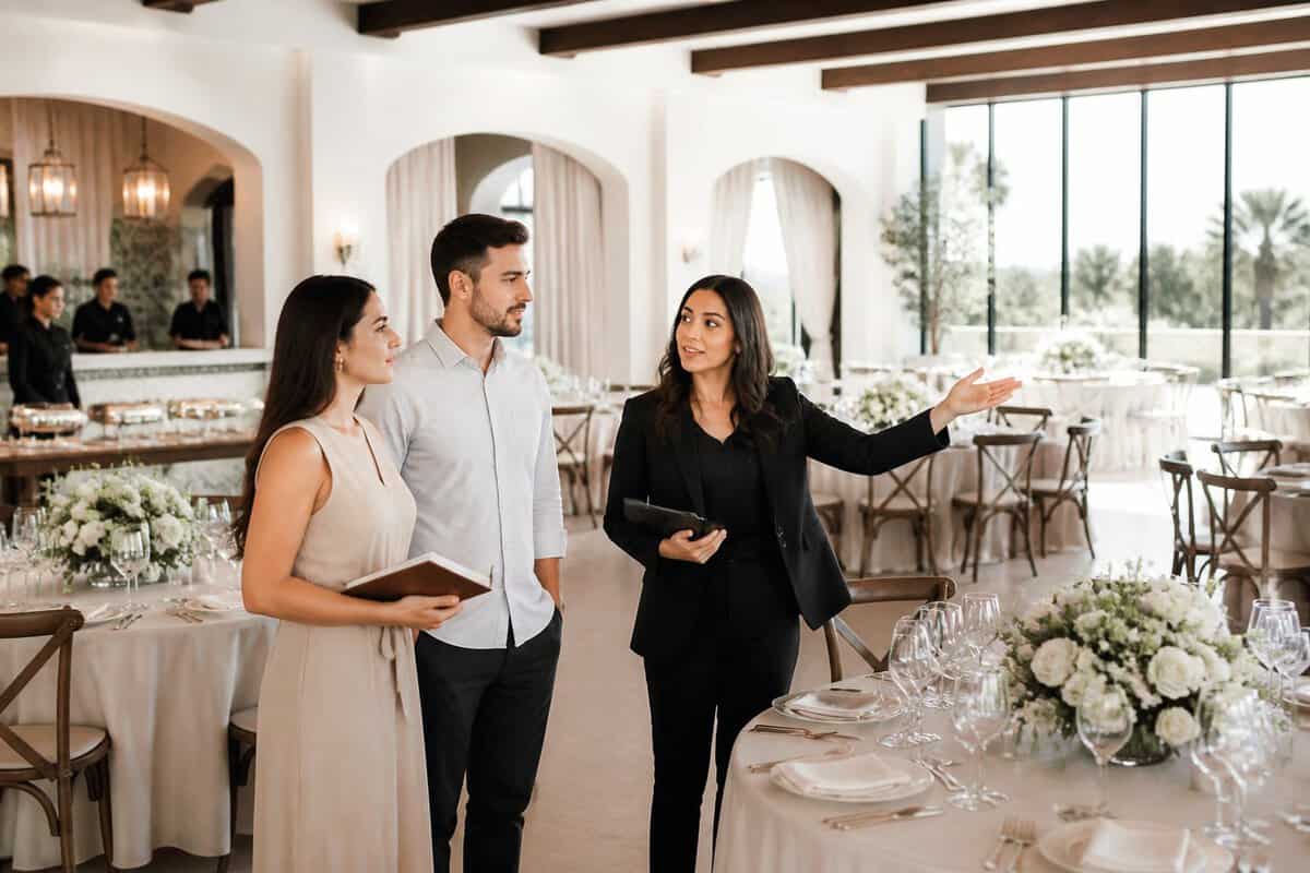 A couple tours an elegant wedding reception venue with a coordinator and reviews event details.
