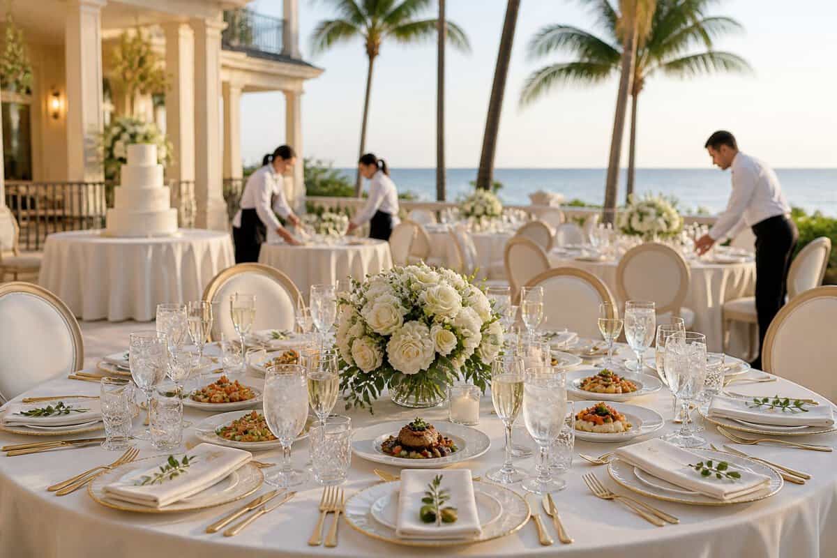 Elegant all-inclusive wedding reception setup at a tropical waterfront venue.