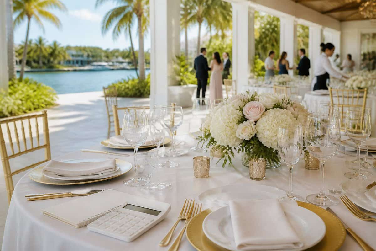 An elegant waterfront wedding reception table with tropical greenery, palm trees, and blue water in the background.