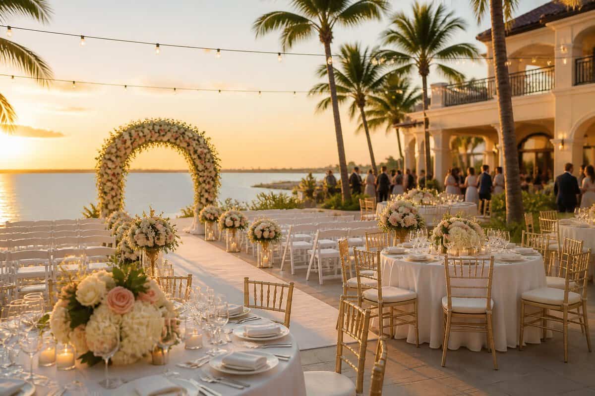 Elegant beachfront wedding venue with floral décor, arranged chairs, reception tables, palm trees, and ocean views at sunset.