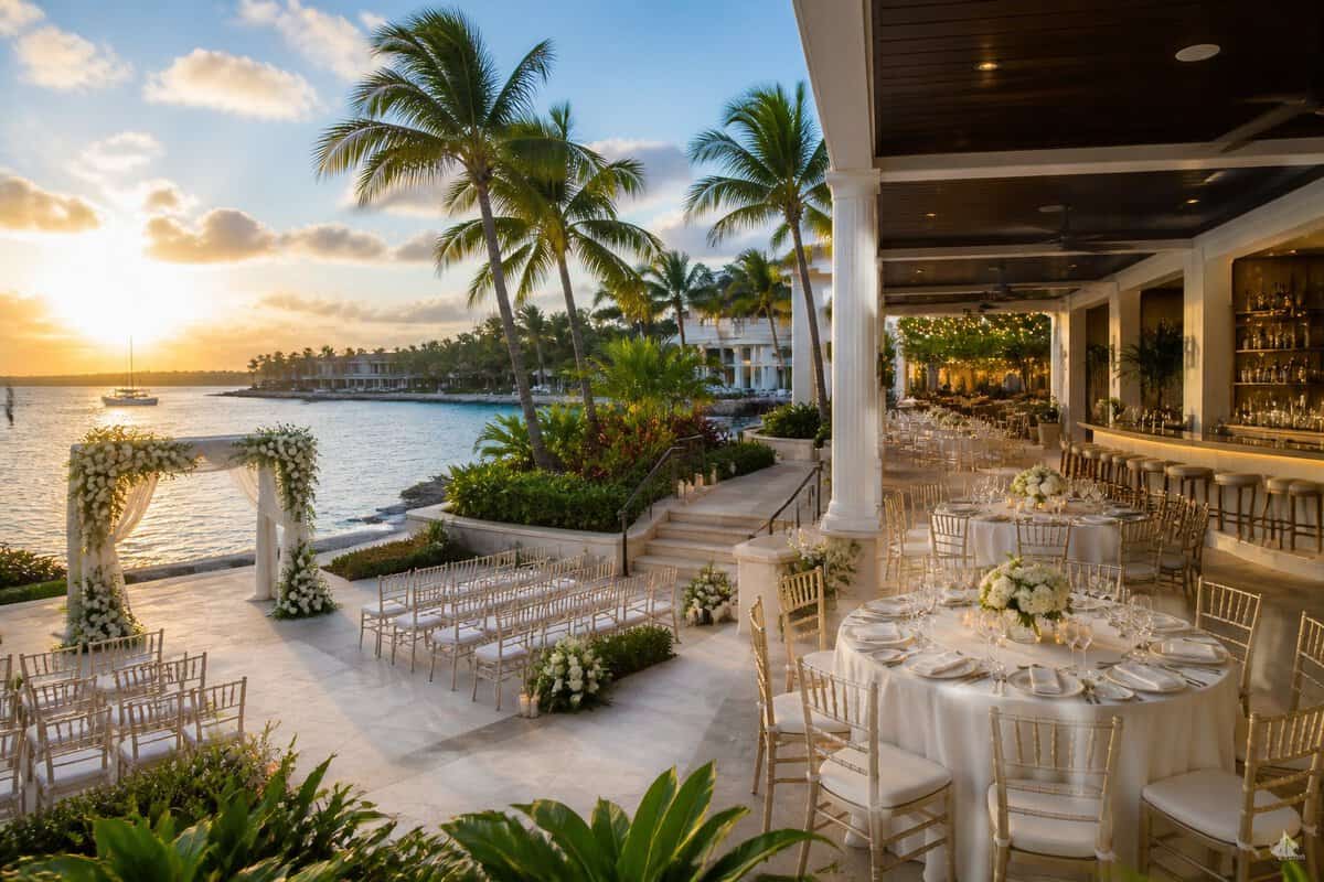 A luxurious waterfront wedding venue in Fort Lauderdale with tropical landscaping, ceremony décor, dining tables, and a reception patio.