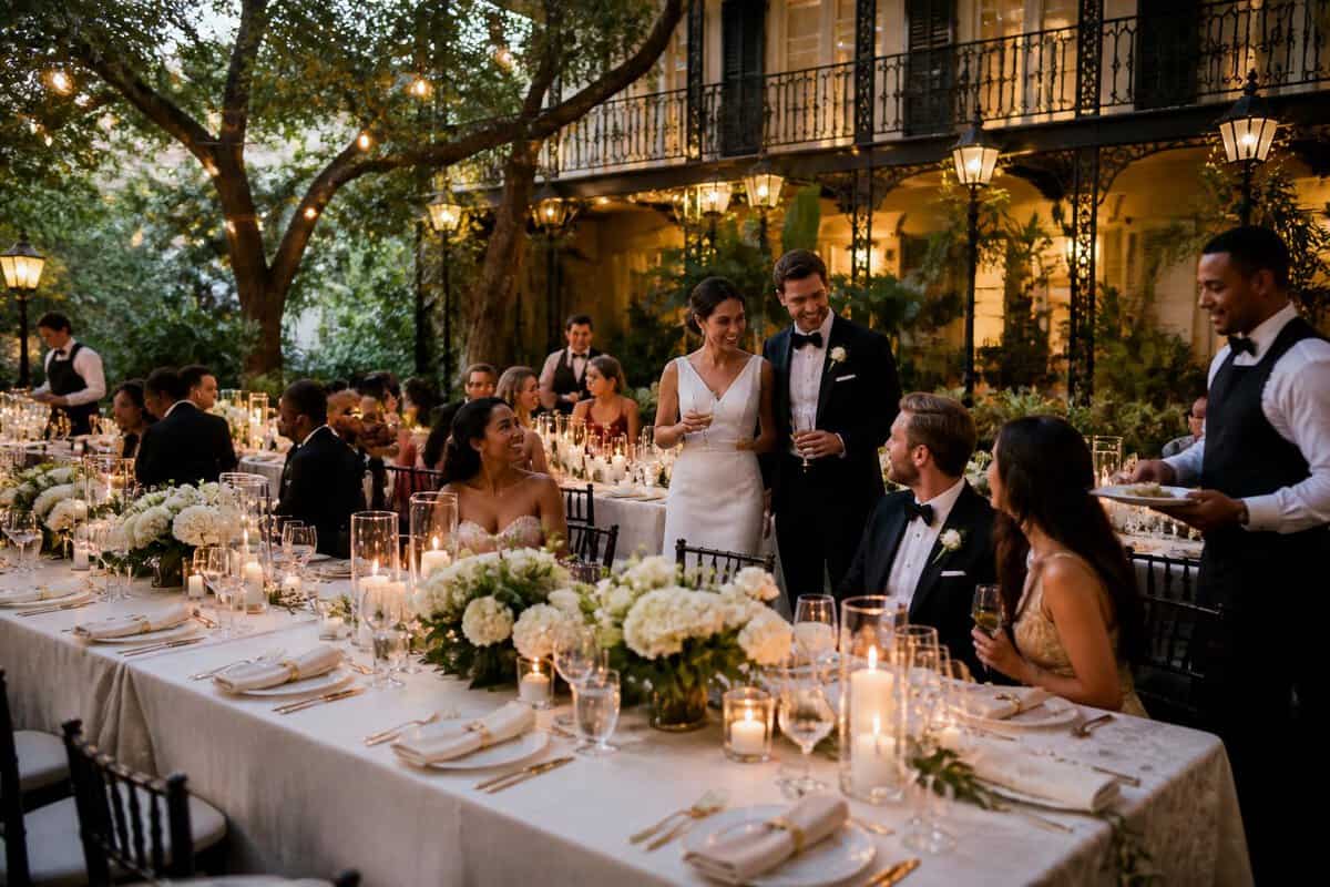 An elegant New Orleans wedding reception with a decorated table, floral centerpieces, guests, and discreet catering staff.