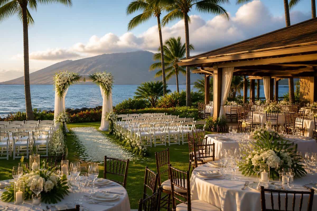 An elegant beachfront wedding venue near Maui with a floral arch, white chairs, tropical gardens, and ocean views.