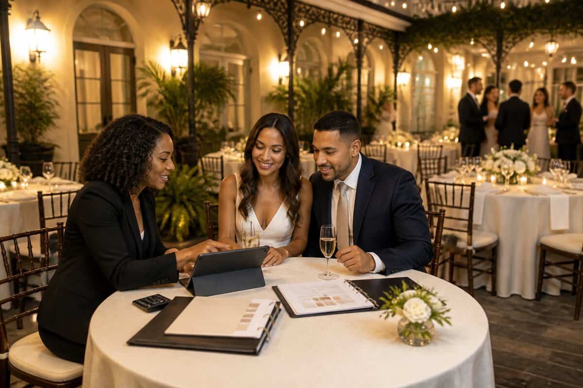 A couple reviews wedding budget materials with a venue coordinator during an elegant reception.