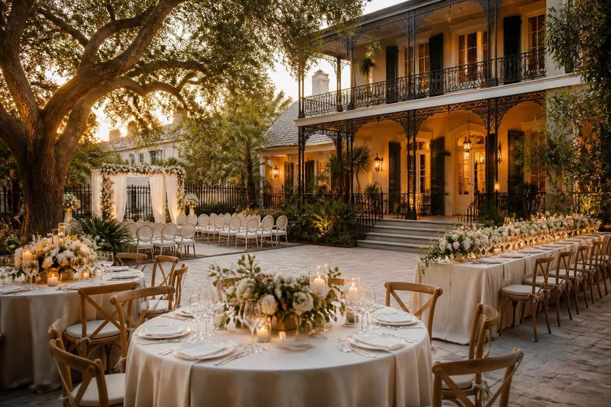 An elegant outdoor wedding reception courtyard beside a historic New Orleans mansion.