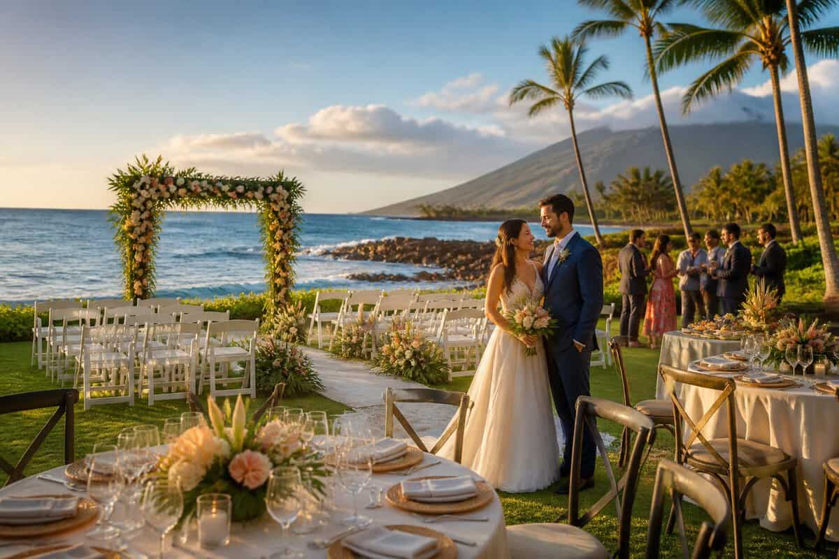 A couple stands beside a decorated beach wedding ceremony setup overlooking the ocean in Maui.