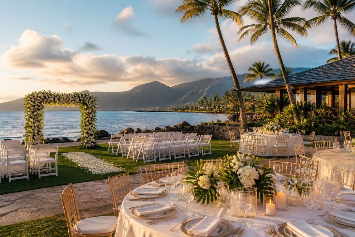 An elegant beachfront wedding venue near Maui with a floral ceremony arch, white chairs, and a tropical reception setup overlooking the ocean.
