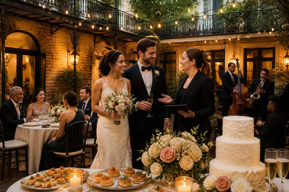 A newlywed couple and guests celebrate at an elegant all-inclusive wedding venue in New Orleans.