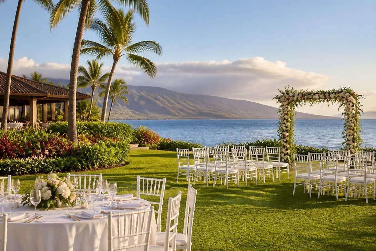 Elegant outdoor wedding venue overlooking the ocean with tropical landscaping and decorated ceremony seating.