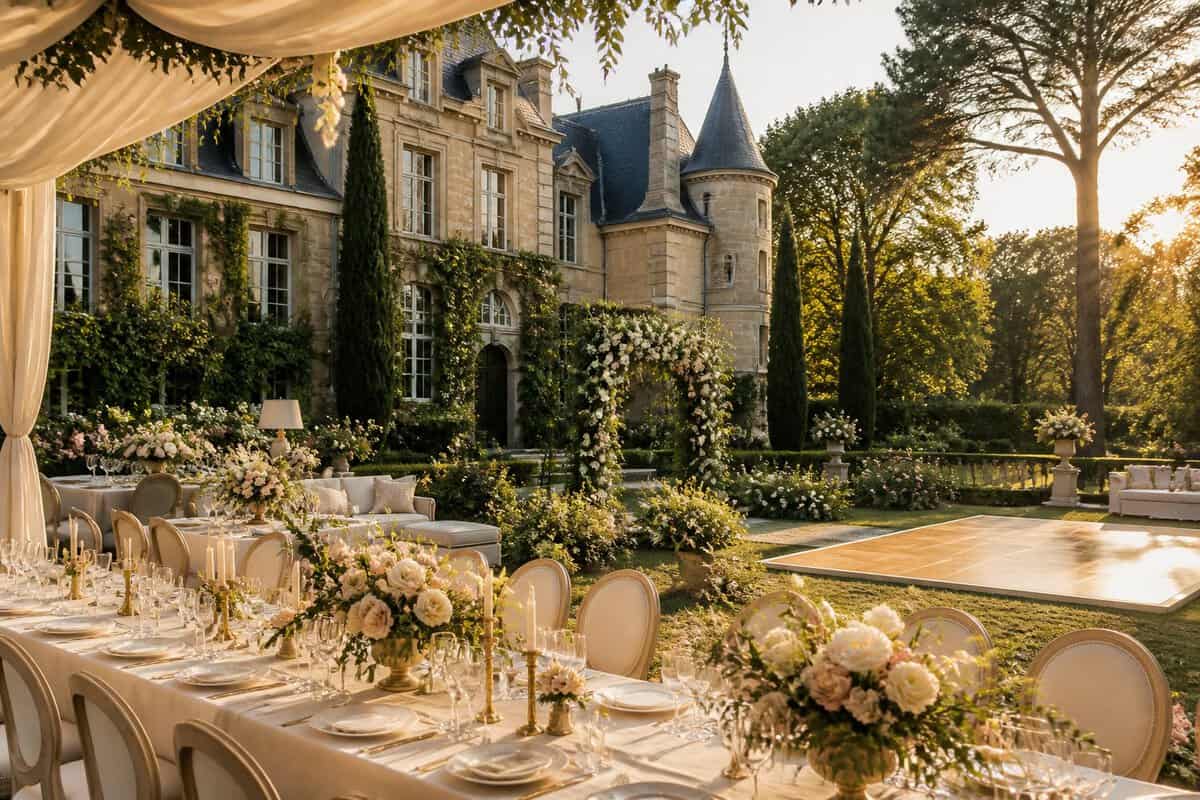 An elegant French chateau wedding venue with decorated reception tables in a landscaped garden.