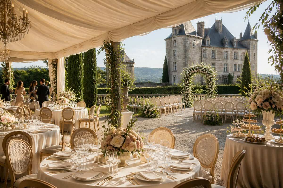 Elegant outdoor wedding reception at a French château with decorated tables, a floral ceremony arch, and manicured gardens.