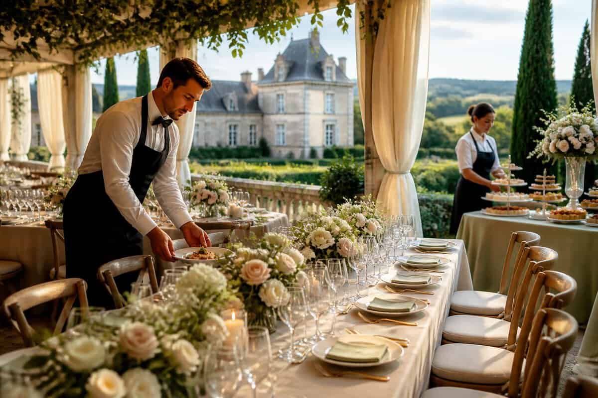 An elegant wedding reception arranged outside a French château with catered tables, flowers, and gardens.