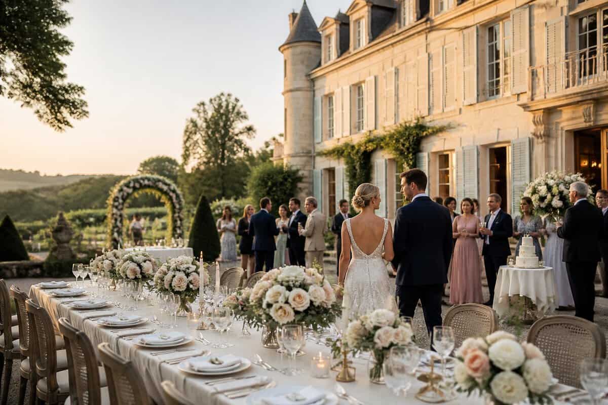 An elegant wedding reception set in the gardens of a French château, with decorated tables, flowers, and newlyweds surrounded by guests.
