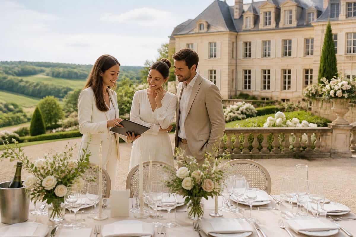 A couple and wedding planner review options beside a decorated table at a French château venue.