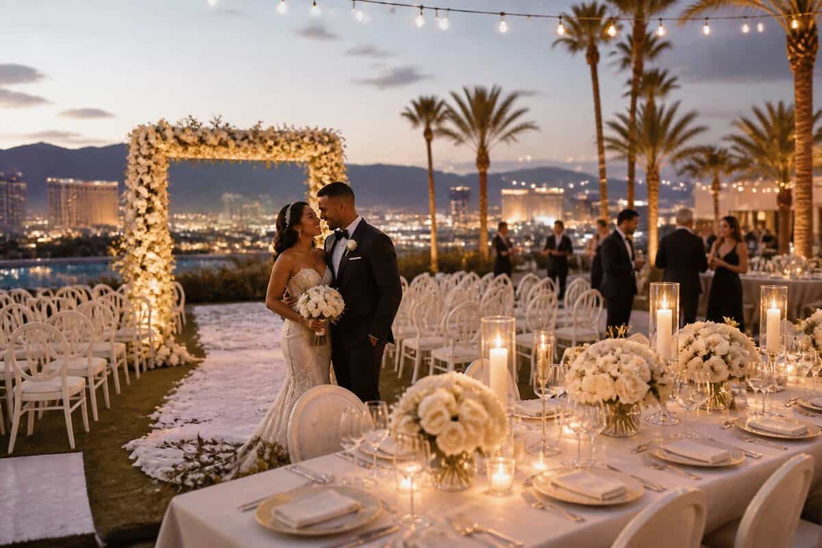 A couple celebrates at an elegant outdoor wedding venue with floral decorations, dining tables, palm trees, and Las Vegas scenery.