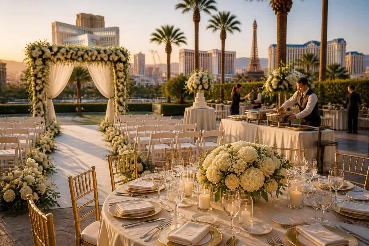 An elegant Las Vegas wedding venue prepared for an outdoor ceremony and reception.
