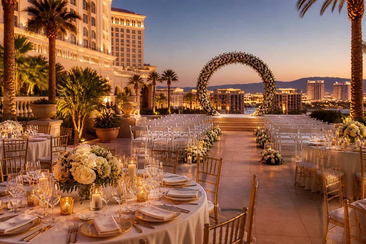 An elegant outdoor wedding venue with a floral ceremony arch, decorated dining tables, palm trees, and Las Vegas lights in the background.