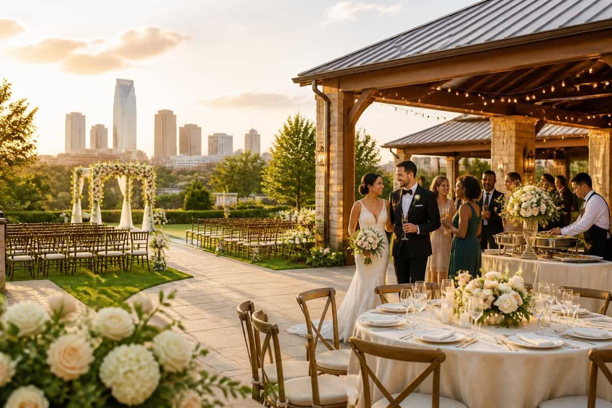 A bride and groom greet guests at an elegant Oklahoma City wedding venue with a garden ceremony and decorated reception tables.