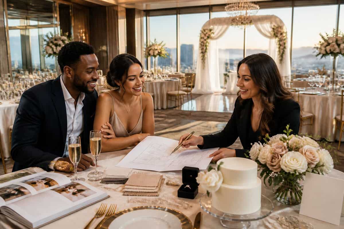 A couple compares wedding package materials with a coordinator at a table inside an elegant Las Vegas wedding venue.