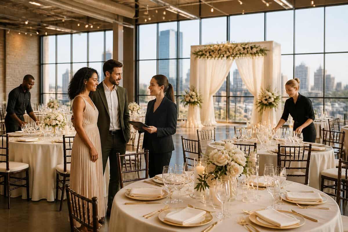 An elegant Oklahoma City wedding reception venue with decorated tables, floral centerpieces, guests, and staff preparing for the celebration.